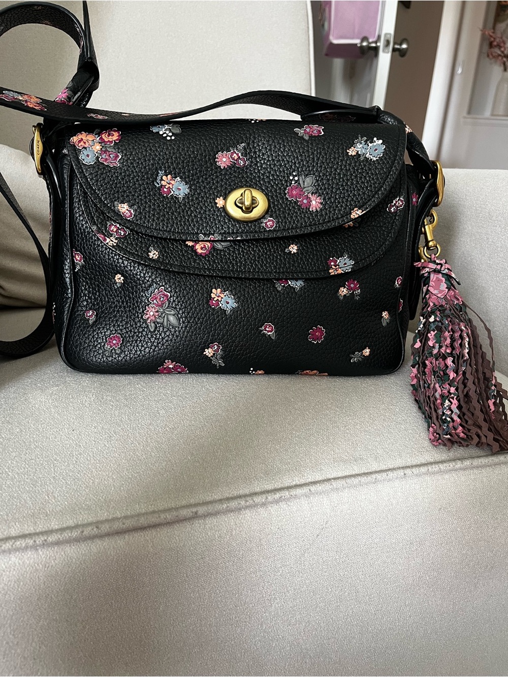 Coach x Tabitha Simmons Floral Print Black Leather Crossbody Bag with Tassel HTF